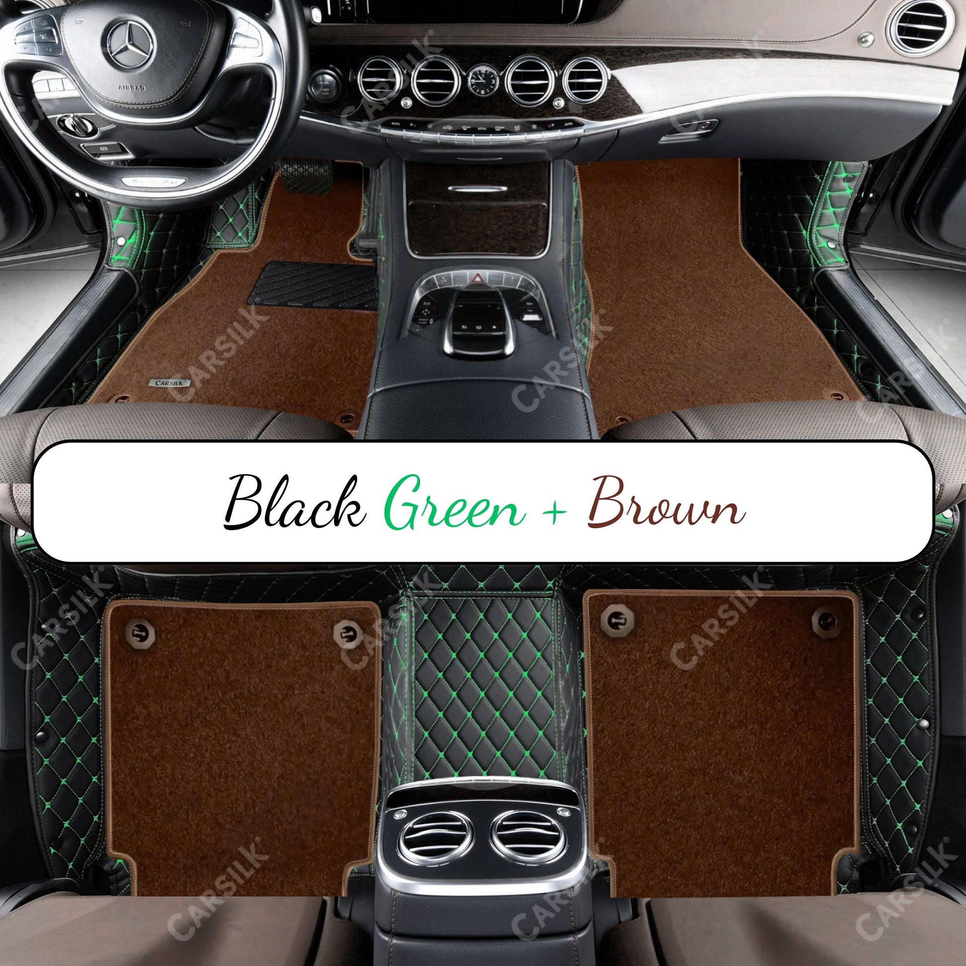 BLACK & GREEN STITCHING DIAMOND BASE WITH BROWN TOP CARPET DOUBLE LAYER CAR MAT SET - Carsilks 