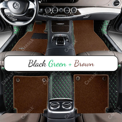 BLACK & GREEN STITCHING DIAMOND BASE WITH BROWN TOP CARPET DOUBLE LAYER CAR MAT SET - Carsilks 