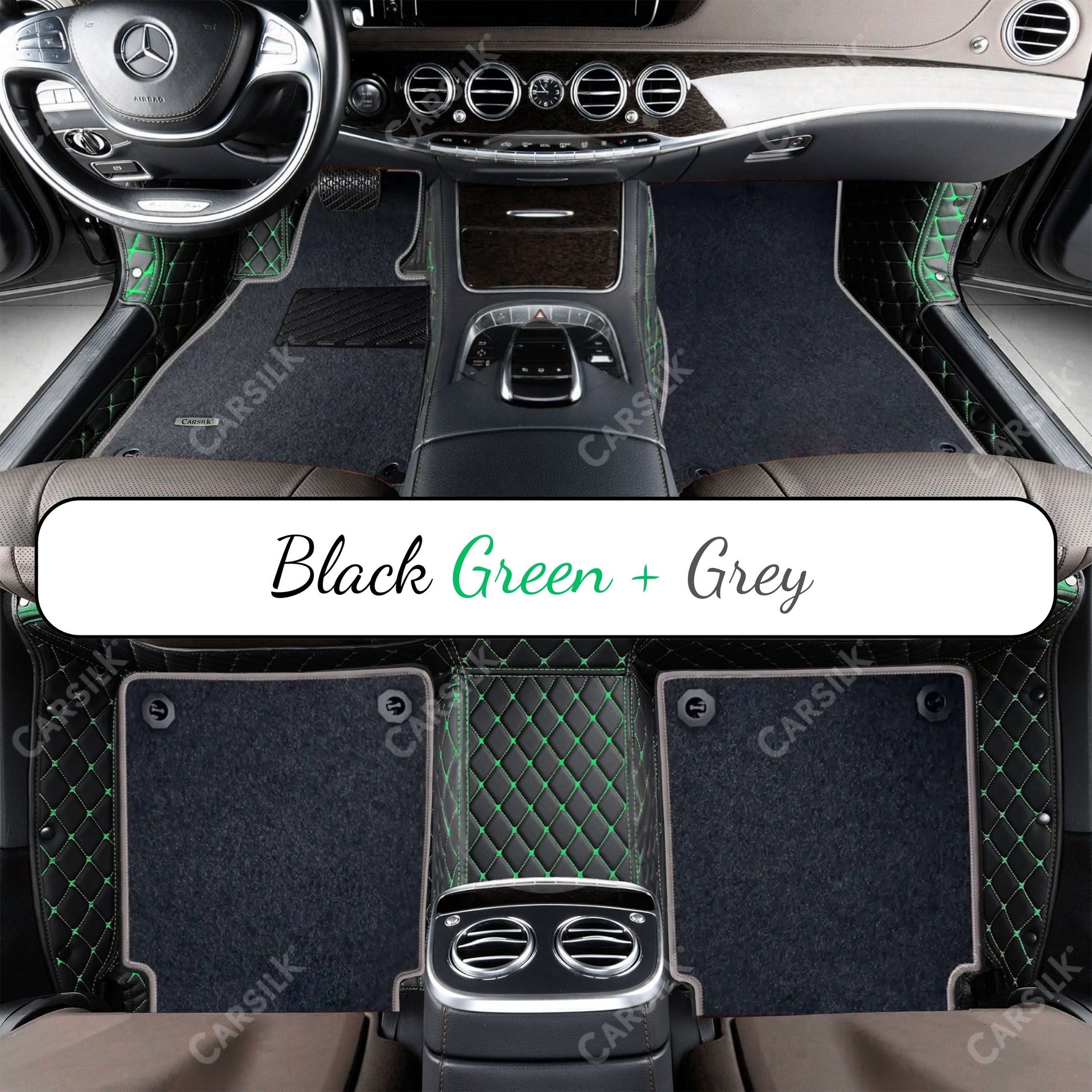 BLACK & GREEN STITCHING DIAMOND BASE WITH GRAY TOP CARPET DOUBLE LAYER CAR MAT SET - Carsilks 