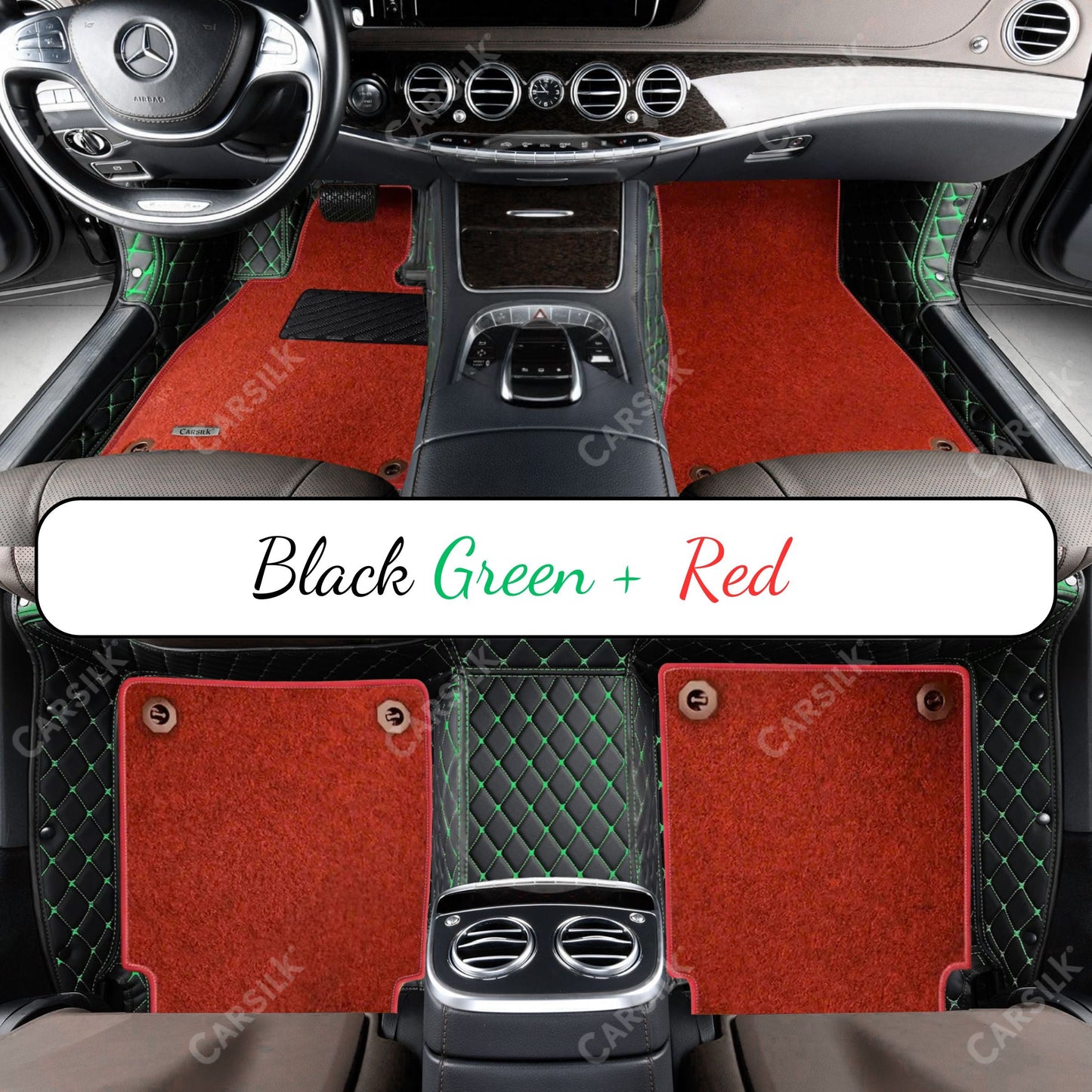 BLACK & GREEN STITCHING DIAMOND BASE WITH RED TOP CARPET DOUBLE LAYER CAR MAT SET - Carsilks 