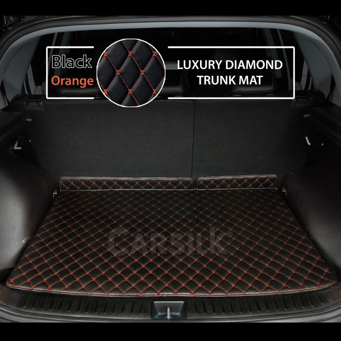 BLACK & ORANGE STITCHING DIAMOND LUXURY TRUNK CAR MATS SET - Carsilks 