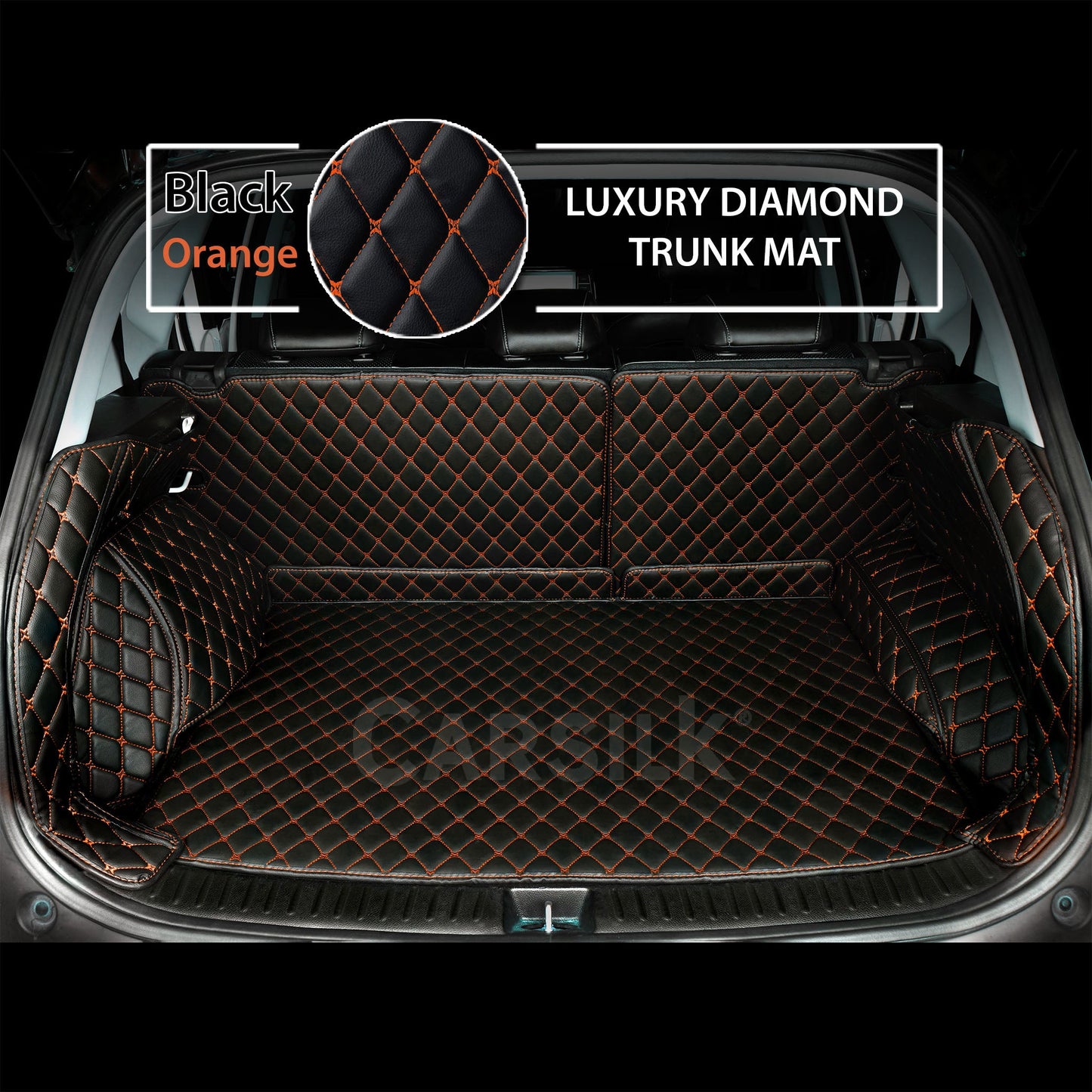BLACK ORANGE STITCHING 3D DIAMOND LUXURY TRUNK CAR MATS SET - Carsilks 