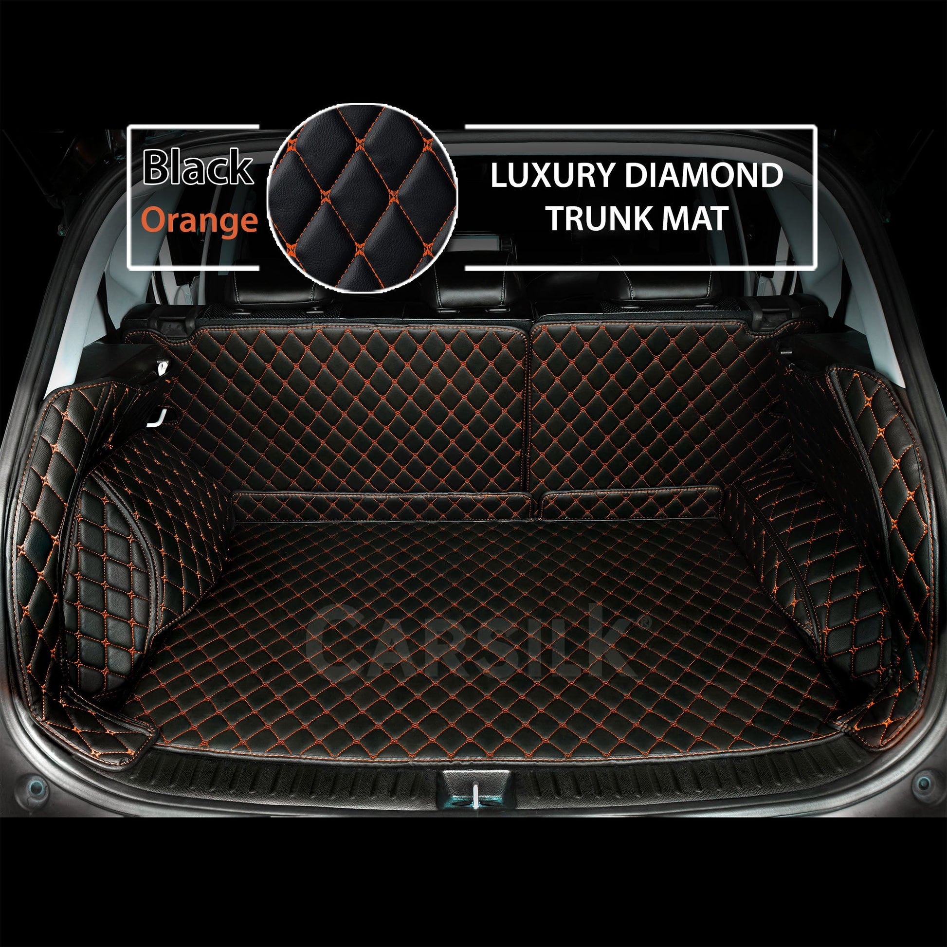 BLACK ORANGE STITCHING 3D DIAMOND LUXURY TRUNK CAR MATS SET - Carsilks 