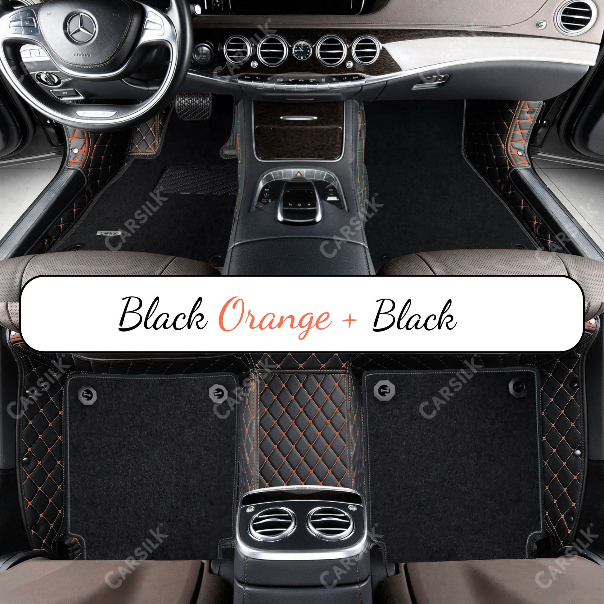 BLACK & ORANGE STITCHING DIAMOND BASE WITH BLACK TOP CARPET DOUBLE LAYER CAR MAT SET - Carsilks 