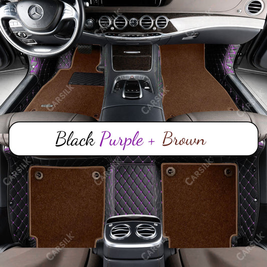 BLACK & PURPLE STITCHING DIAMOND BASE WITH BROWN TOP CARPET DOUBLE LAYER CAR MAT SET - Carsilks 