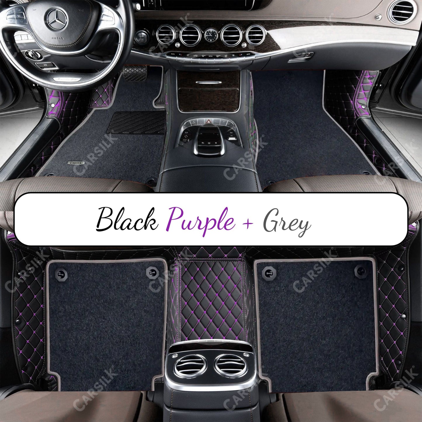 BLACK & PURPLE STITCHING DIAMOND BASE WITH GRAY TOP CARPET DOUBLE LAYER CAR MAT SET - Carsilks 
