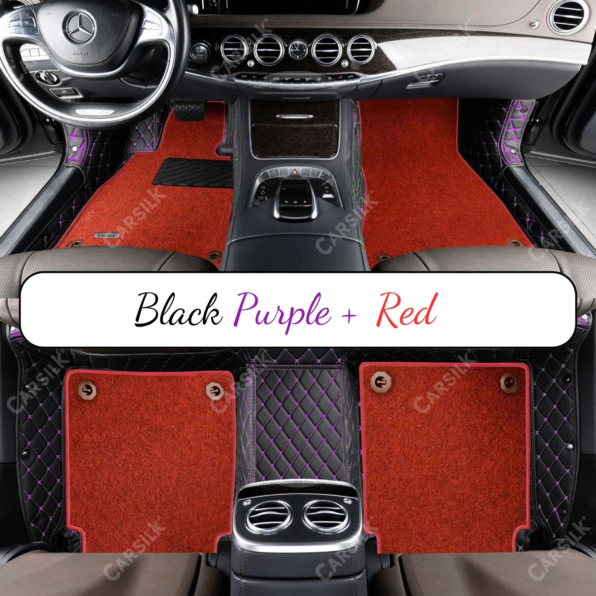 BLACK & PURPLE STITCHING DIAMOND BASE WITH RED TOP CARPET DOUBLE LAYER CAR MAT SET - Carsilks 