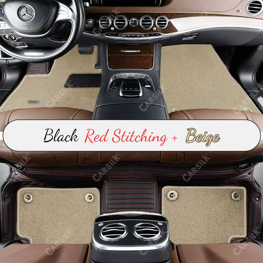 BLACK & RED STITCHING STRIPE BASE WITH BEIGE TOP CARPET DOUBLE LAYER CAR MAT SET - Carsilks 