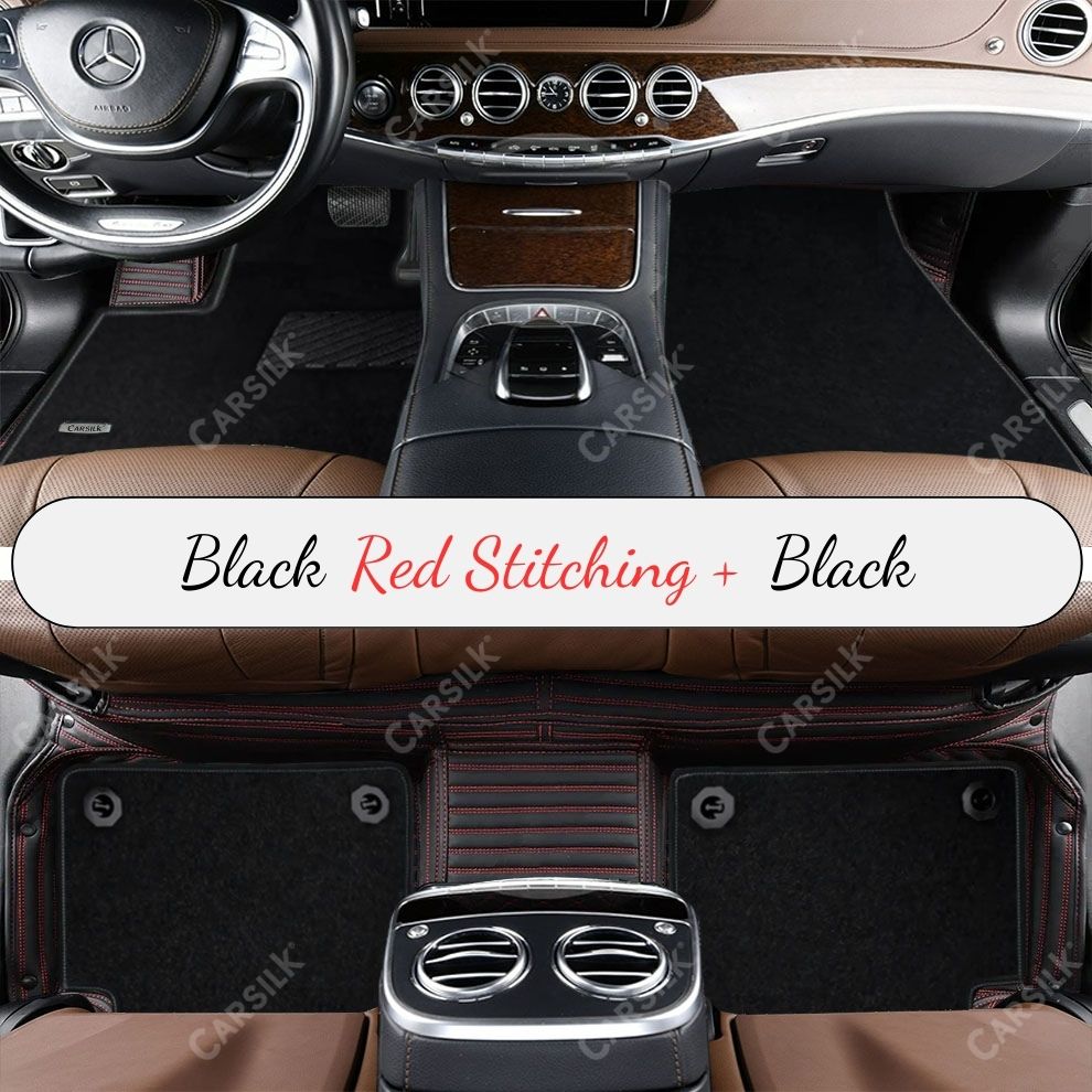 BLACK & RED STITCHING STRIPE BASE WITH BLACK TOP CARPET DOUBLE LAYER CAR MAT SET - Carsilks 