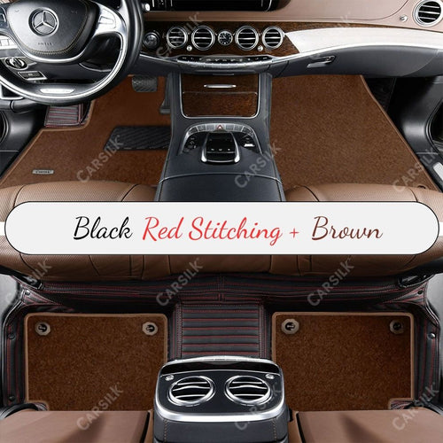 BLACK & RED STITCHING STRIPE BASE WITH BROWN TOP CARPET DOUBLE LAYER CAR MAT SET - Carsilks 
