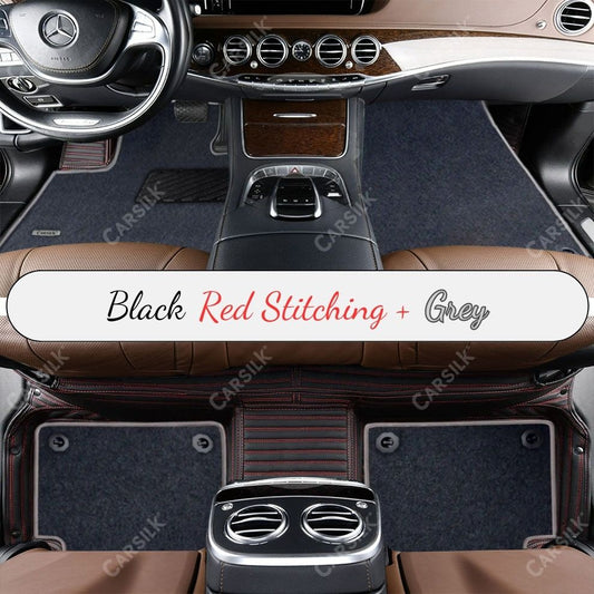 BLACK & RED STITCHING STRIPE BASE WITH GRAY TOP CARPET DOUBLE LAYER CAR MAT SET - Carsilks 