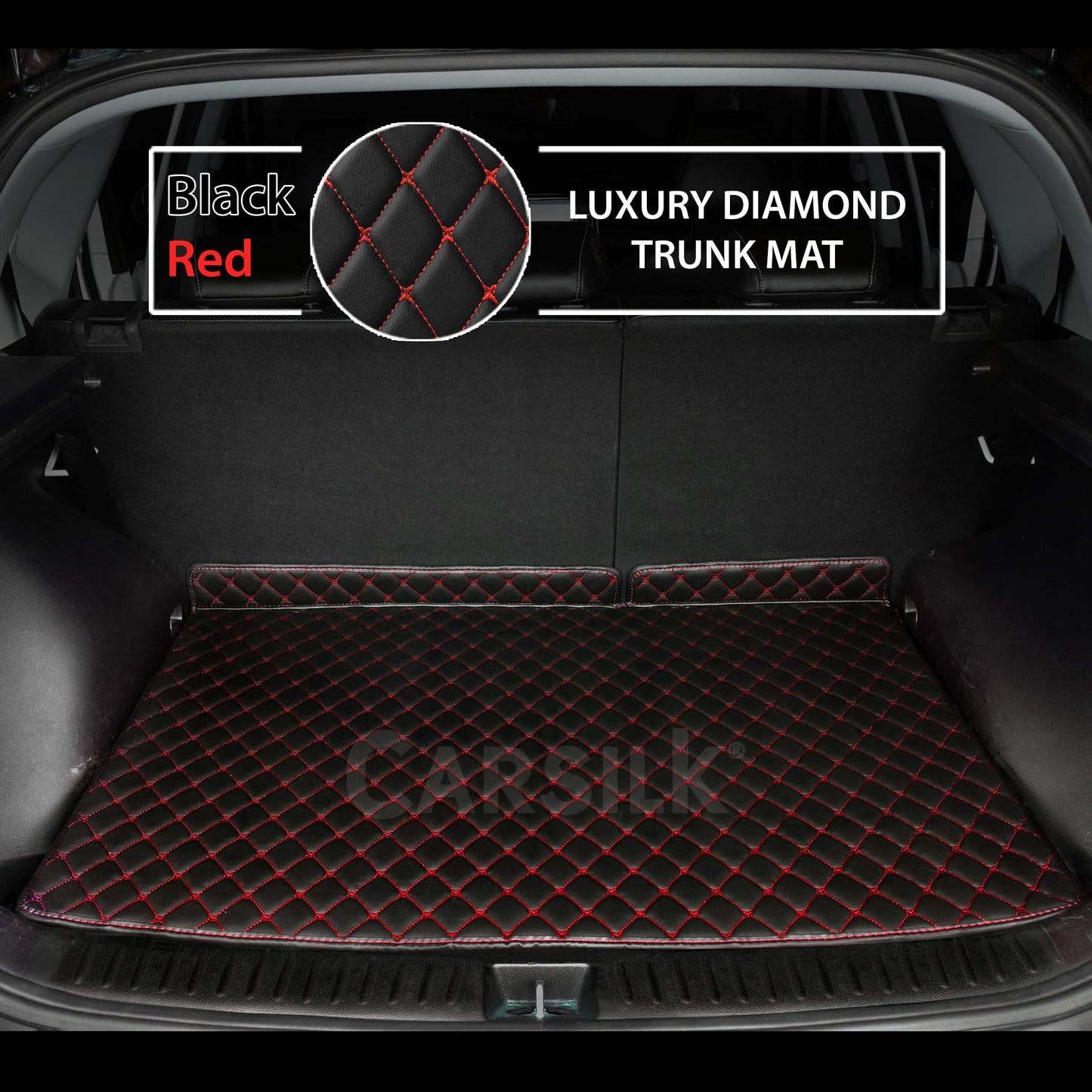 BLACK & RED STITCHING DIAMOND LUXURY TRUNK CAR MATS SET - Carsilks 