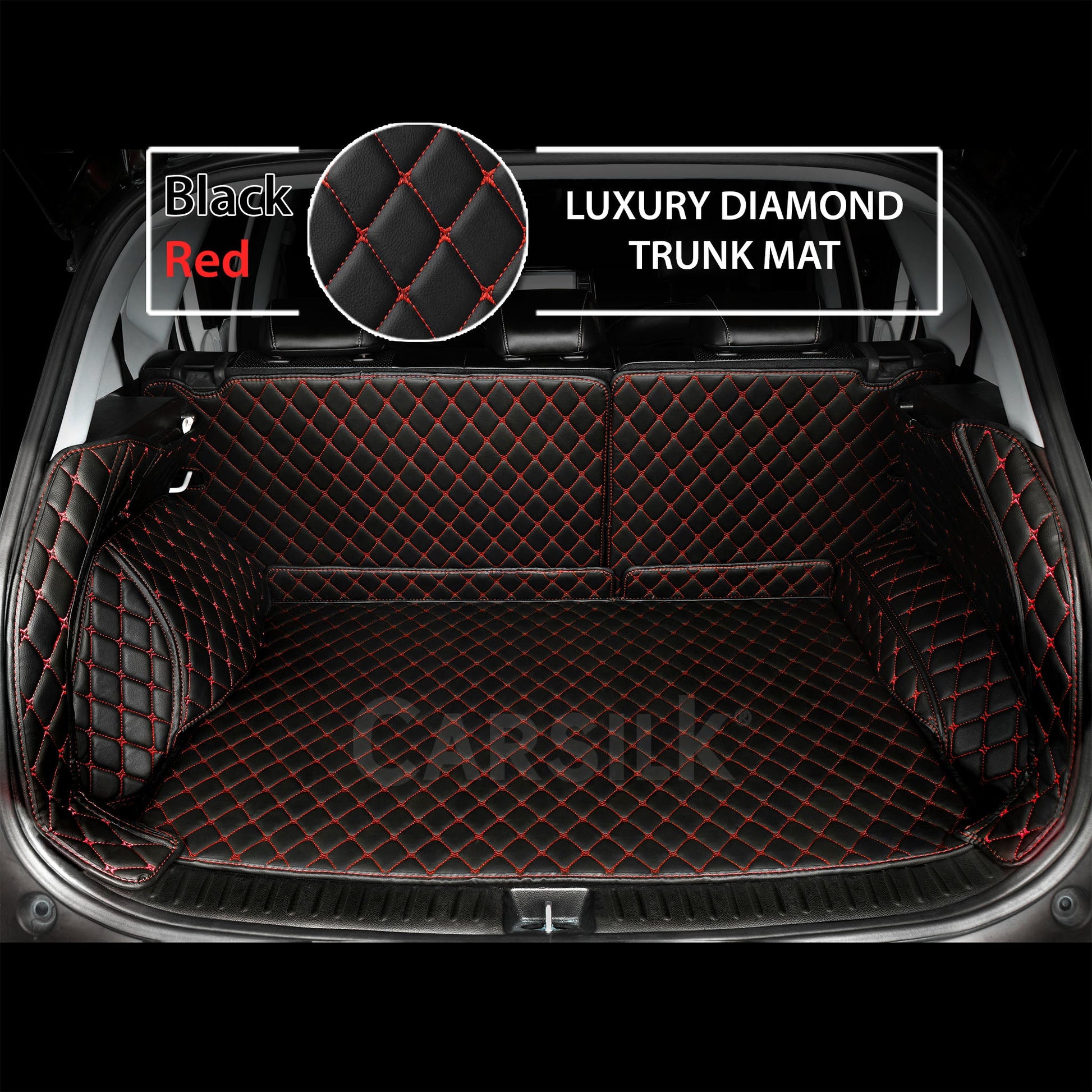 BLACK RED STITCHING 3D DIAMOND LUXURY TRUNK CAR MATS SET - Carsilks 