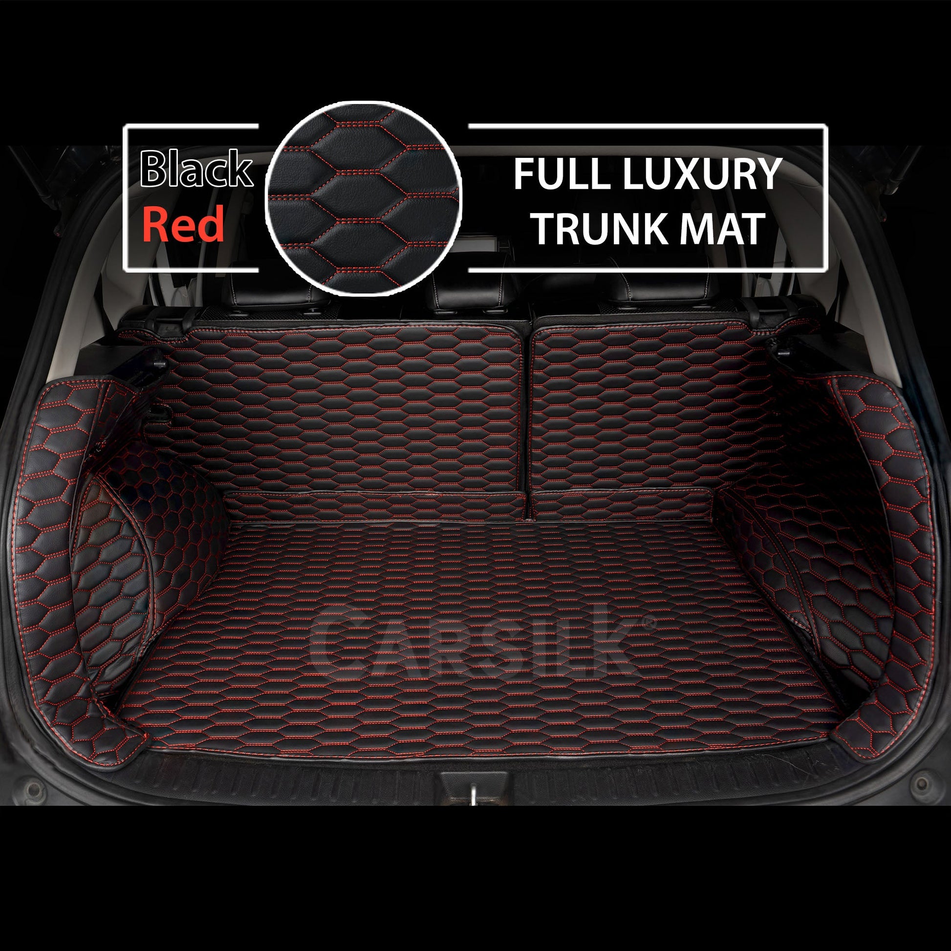 BLACK & RED STITCHING 3D SERIES HONEY COMB LUXURY TRUNK CAR MATS SET - Carsilks 