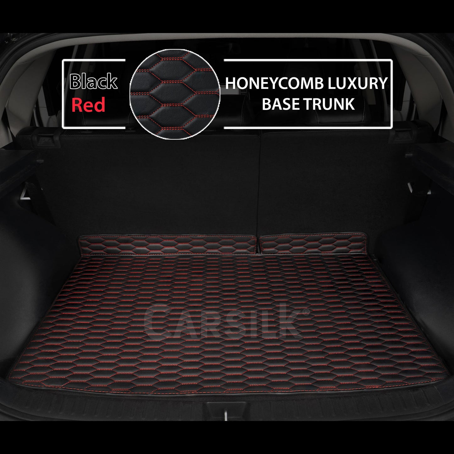 BLACK & RED STITCHING HONEYCOMB LUXURY TRUNK CAR MATS SET - Carsilks 