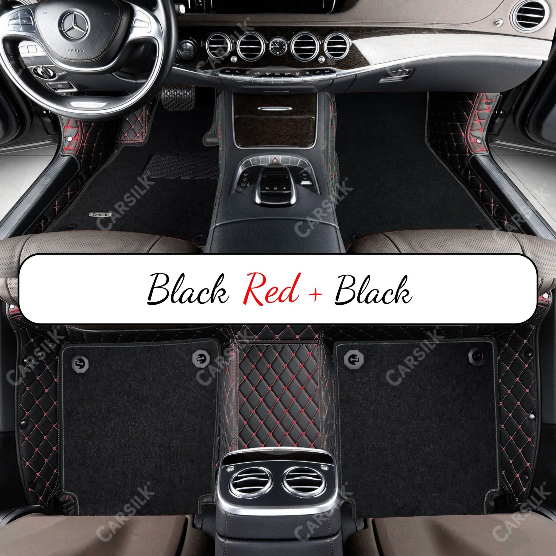 BLACK & RED STITCHING DIAMOND BASE WITH BLACK TOP CARPET DOUBLE LAYER CAR MAT SET - Carsilks 