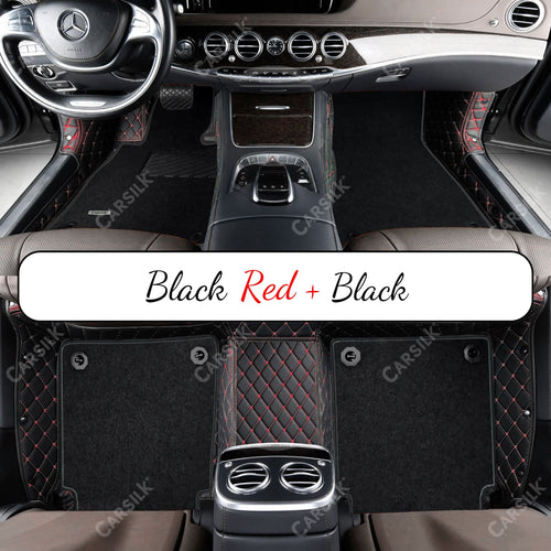 BLACK & RED STITCHING DIAMOND BASE WITH BLACK TOP CARPET DOUBLE LAYER CAR MAT SET - Carsilks 