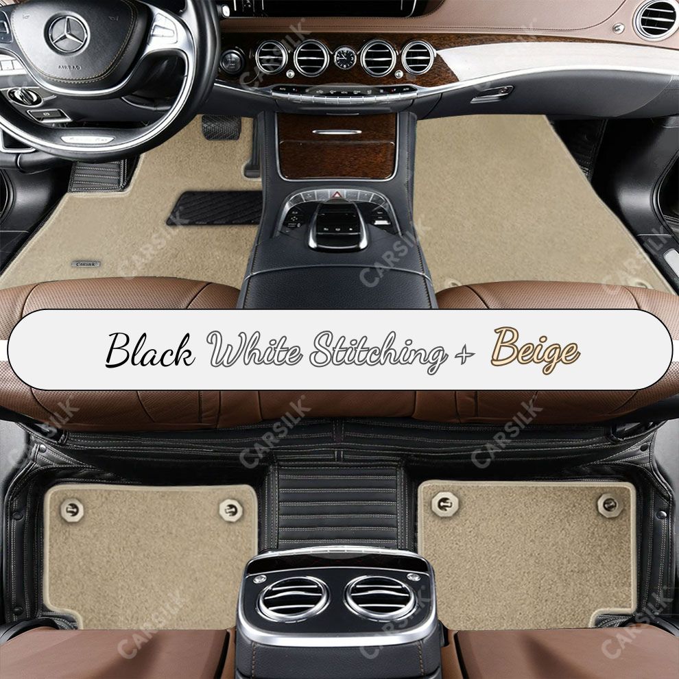 BLACK & WHITE STITCHING STRIPE BASE WITH BEIGE TOP CARPET DOUBLE LAYER CAR MAT SET - Carsilks 