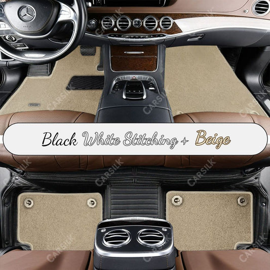 BLACK & WHITE STITCHING STRIPE BASE WITH BEIGE TOP CARPET DOUBLE LAYER CAR MAT SET - Carsilks 
