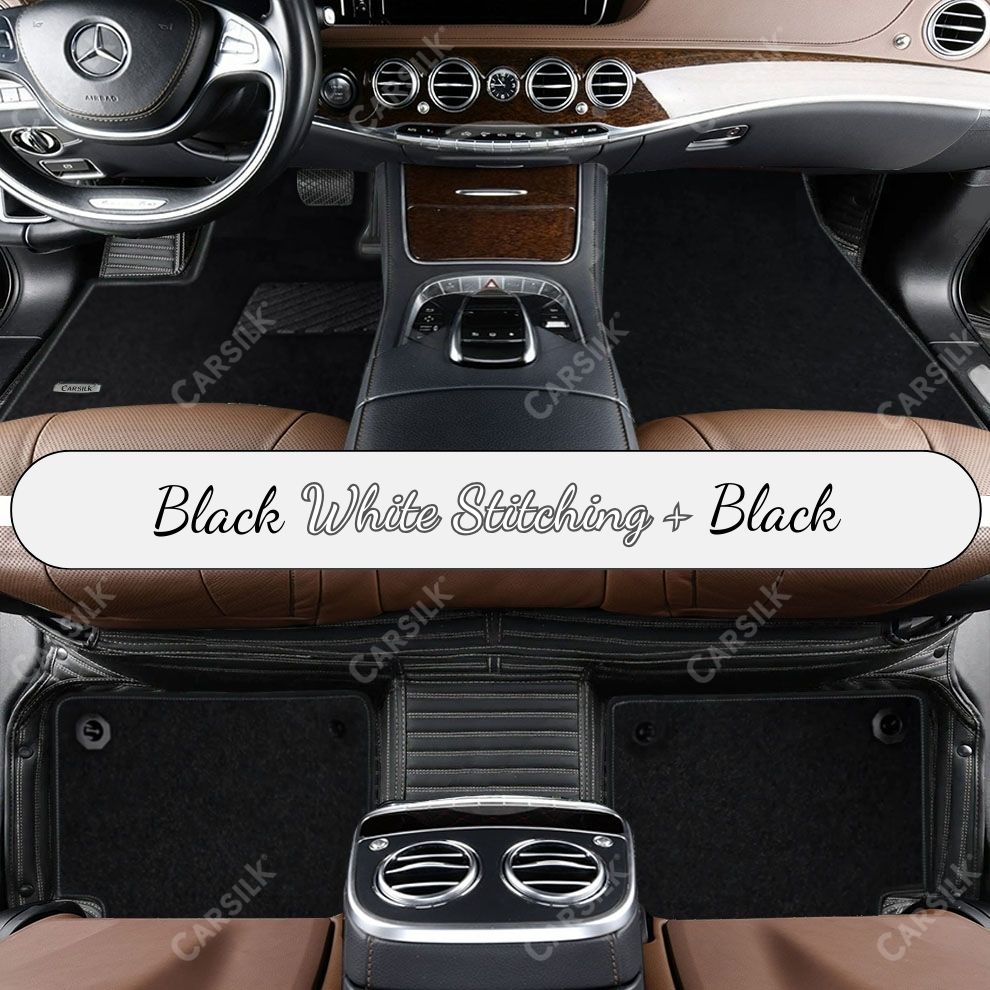 BLACK & WHITE STITCHING STRIPE BASE WITH BLACK TOP CARPET DOUBLE LAYER CAR MAT SET - Carsilks 
