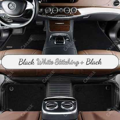 BLACK & WHITE STITCHING STRIPE BASE WITH BLACK TOP CARPET DOUBLE LAYER CAR MAT SET - Carsilks 