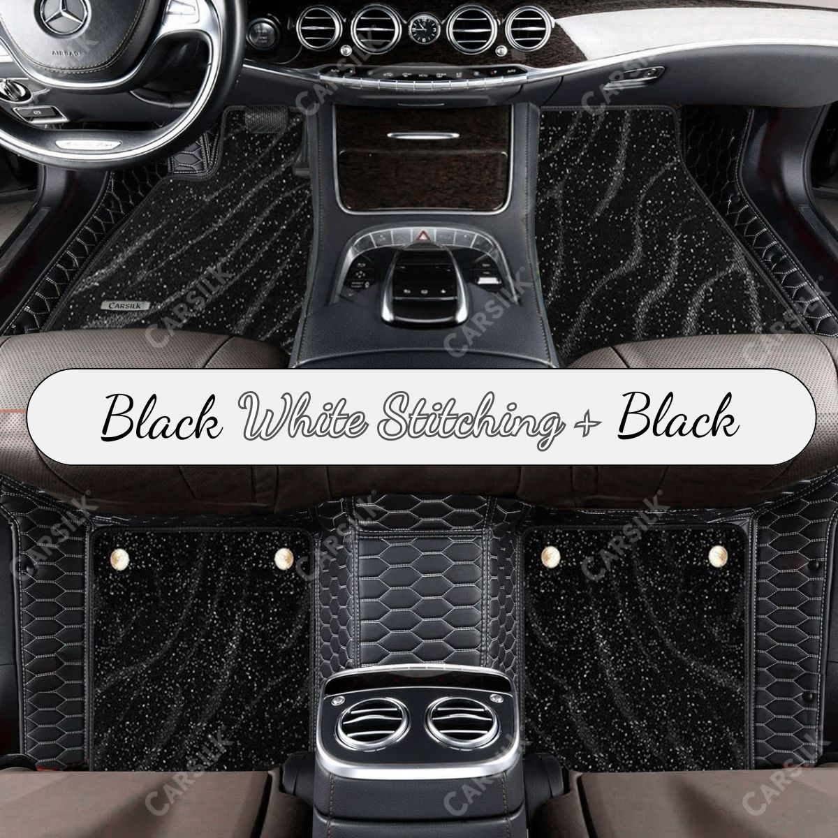 BLACK & WHITE STITCHING HONEYCOMB BASE WITH BLACK TOP CARPET DOUBLE LAYER GALAXY CAR MAT SET - Carsilks 