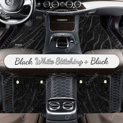 BLACK & WHITE STITCHING HONEYCOMB BASE WITH BLACK TOP CARPET DOUBLE LAYER GALAXY CAR MAT SET - Carsilks 