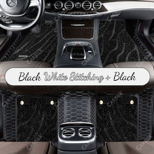 BLACK & WHITE STITCHING HONEYCOMB BASE WITH BLACK TOP CARPET DOUBLE LAYER GALAXY CAR MAT SET - Carsilks 