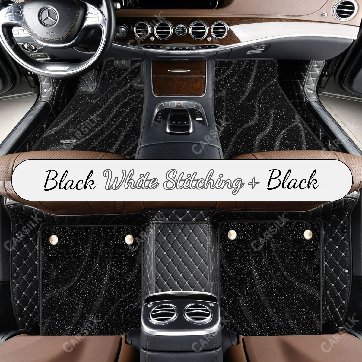 BLACK & WHITE STITCHING DIAMOND BASE WITH BLACK TOP CARPET DOUBLE LAYER GALAXY CAR MAT SET - Carsilks 