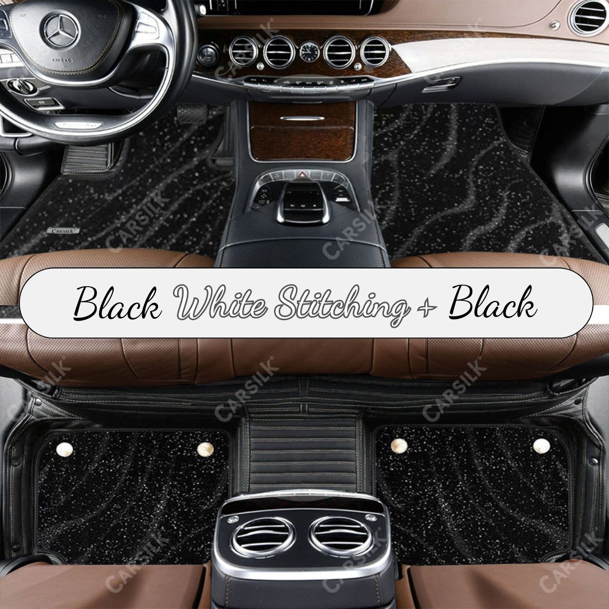 BLACK & WHITE STITCHING STRIPE BASE WITH BLACK TOP CARPET DOUBLE LAYER GALAXY CAR MAT SET - Carsilks 