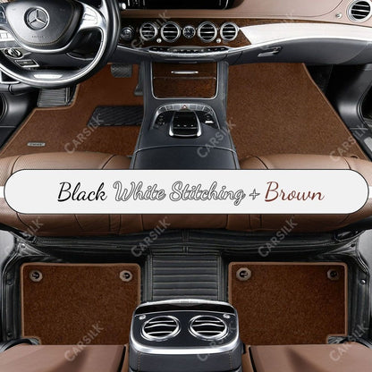 BLACK & WHITE STITCHING STRIPE BASE WITH BROWN TOP CARPET DOUBLE LAYER CAR MAT SET - Carsilks 