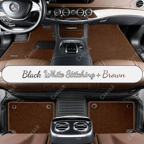 BLACK & WHITE STITCHING STRIPE BASE WITH BROWN TOP CARPET DOUBLE LAYER CAR MAT SET - Carsilks 