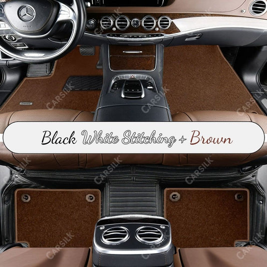 BLACK & WHITE STITCHING STRIPE BASE WITH BROWN TOP CARPET DOUBLE LAYER CAR MAT SET - Carsilks 
