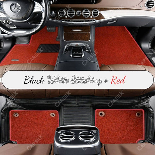 BLACK & WHITE STITCHING STRIPE BASE WITH RED TOP CARPET DOUBLE LAYER CAR MAT SET - Carsilks 