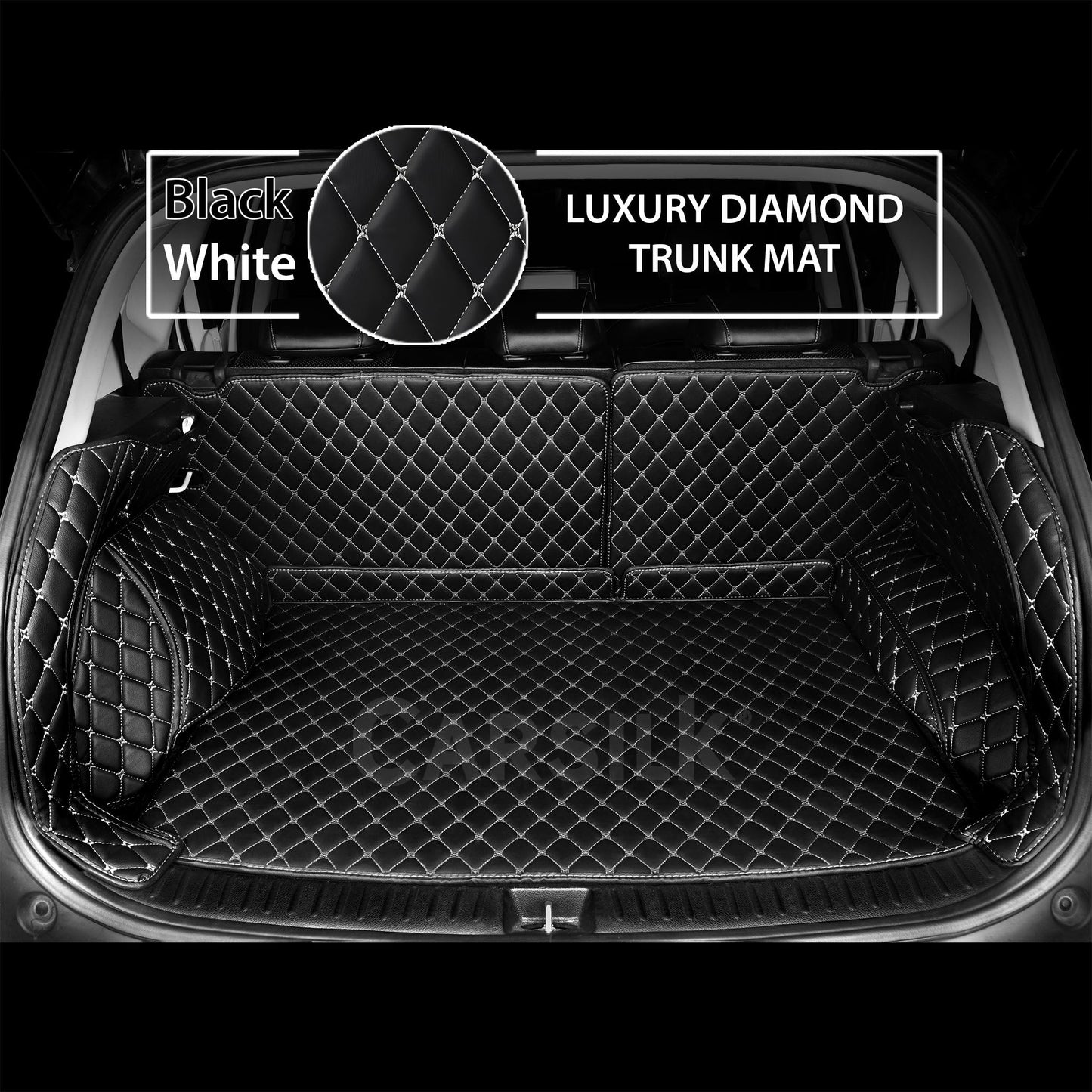 BLACK WHITE STITCHING 3D DIAMOND LUXURY TRUNK CAR MATS SET - Carsilks 