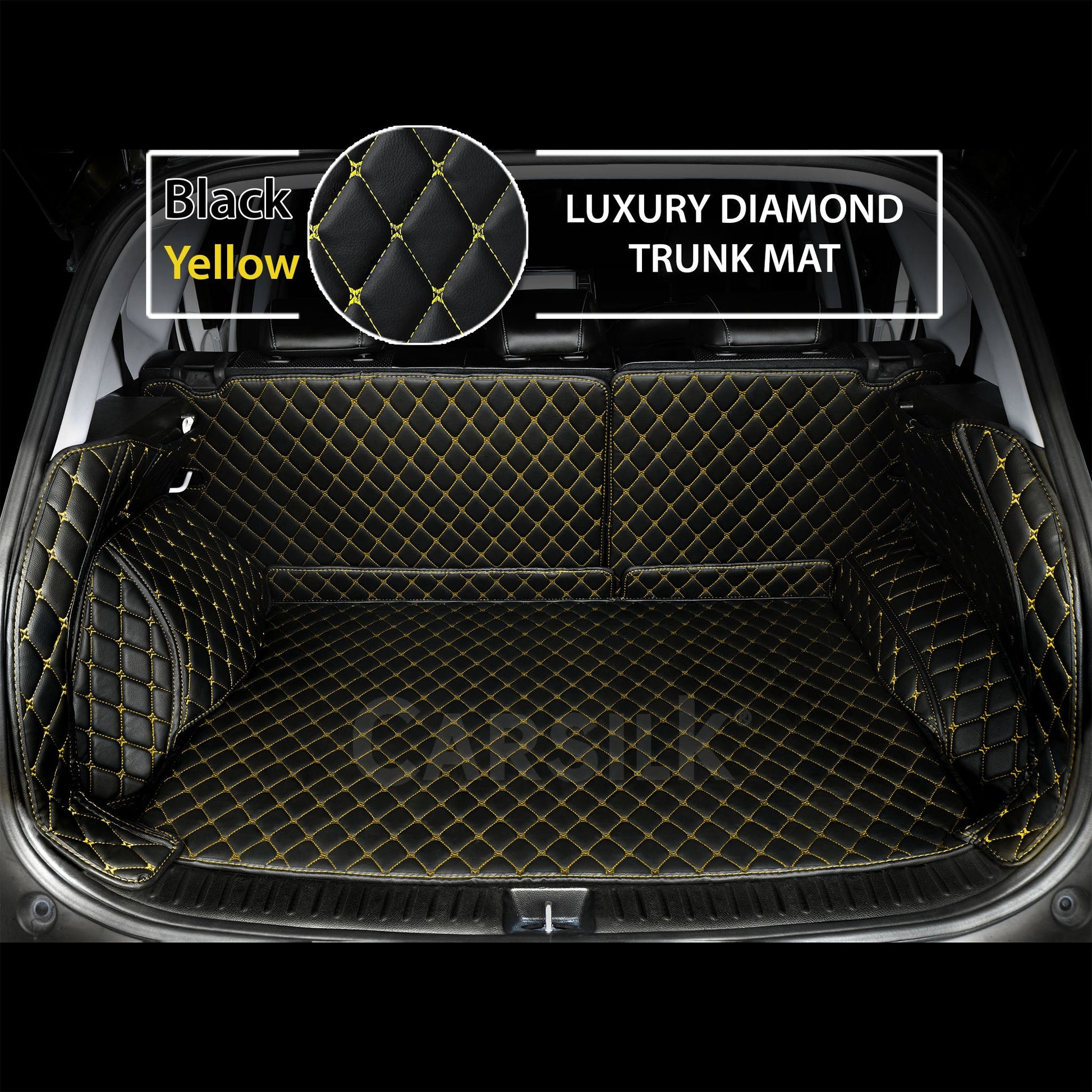 BLACK YELLOW STITCHING 3D DIAMOND LUXURY TRUNK CAR MATS SET - Carsilks 