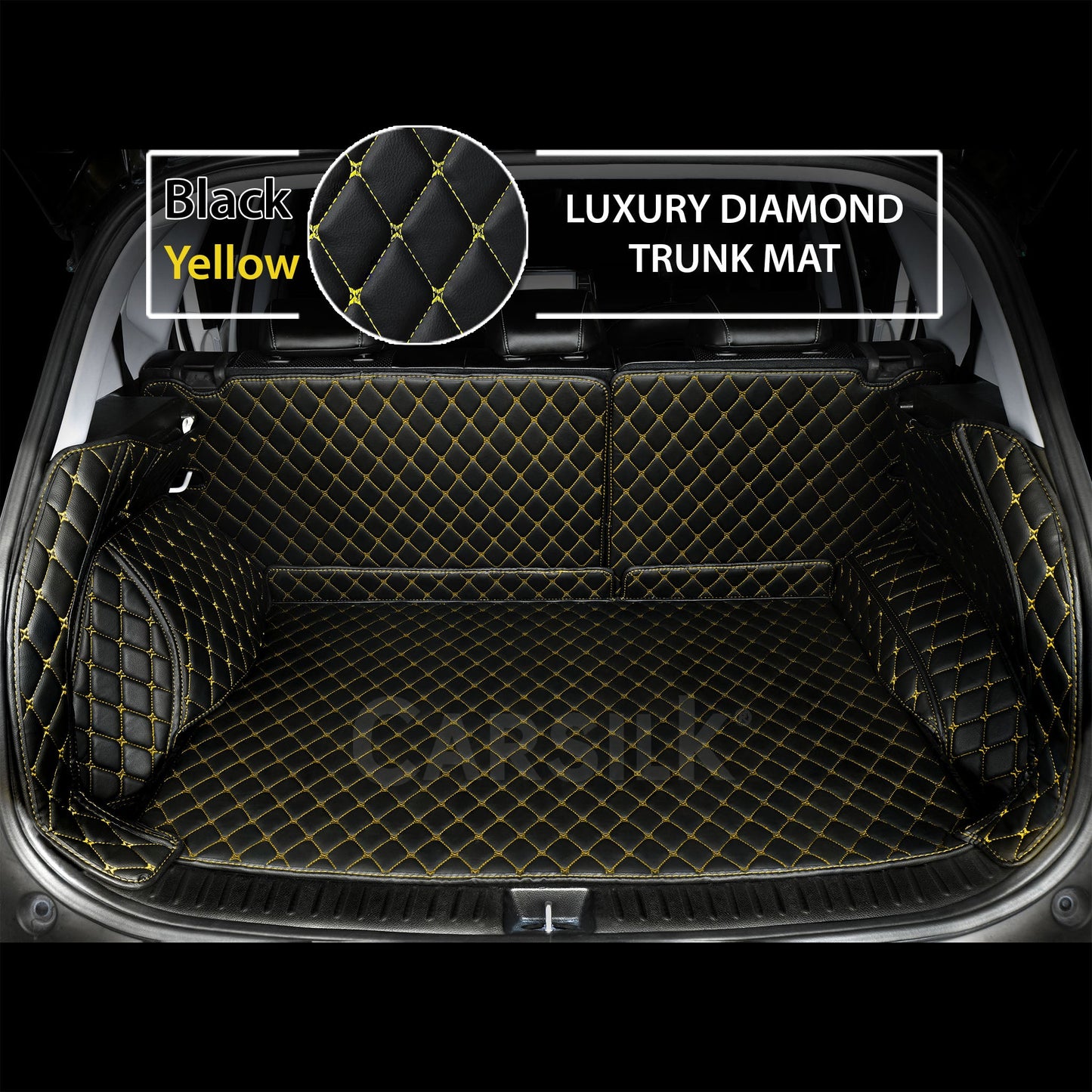 BLACK YELLOW STITCHING 3D DIAMOND LUXURY TRUNK CAR MATS SET - Carsilks 