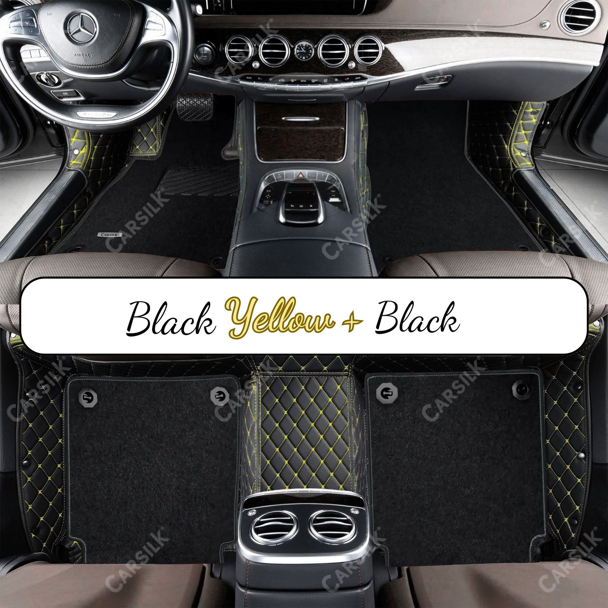 BLACK & YELLOW STITCHING DIAMOND BASE WITH BLACK TOP CARPET DOUBLE LAYER CAR MAT SET - Carsilks 