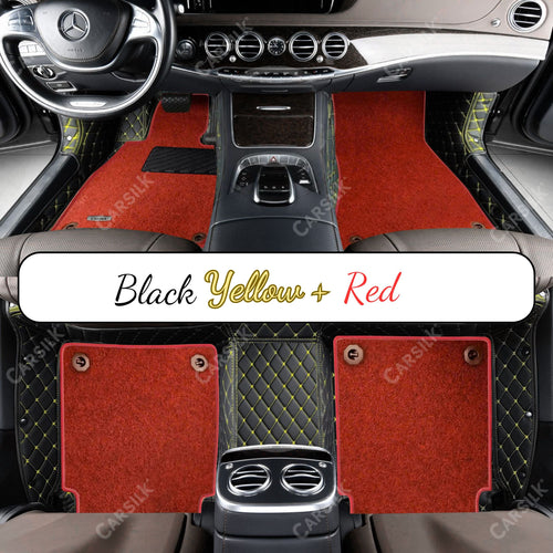 BLACK & YELLOW STITCHING DIAMOND BASE WITH RED TOP CARPET DOUBLE LAYER CAR MAT SET - Carsilks 
