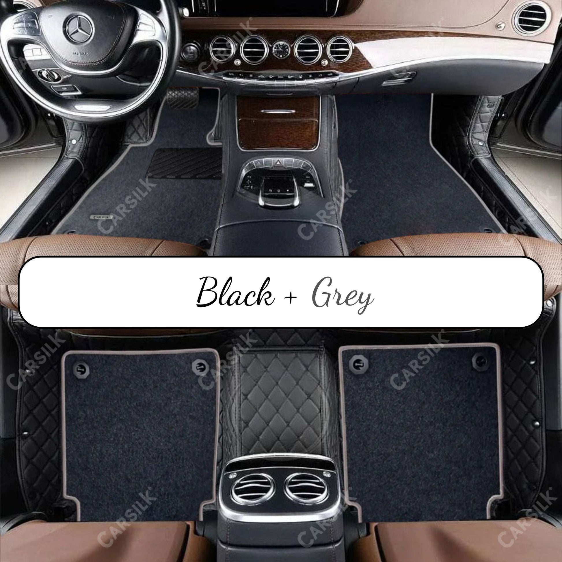 BLACK & BLACK STITCHING DIAMOND BASE WITH GRAY TOP CARPET DOUBLE LAYER CAR MAT SET - Carsilks 