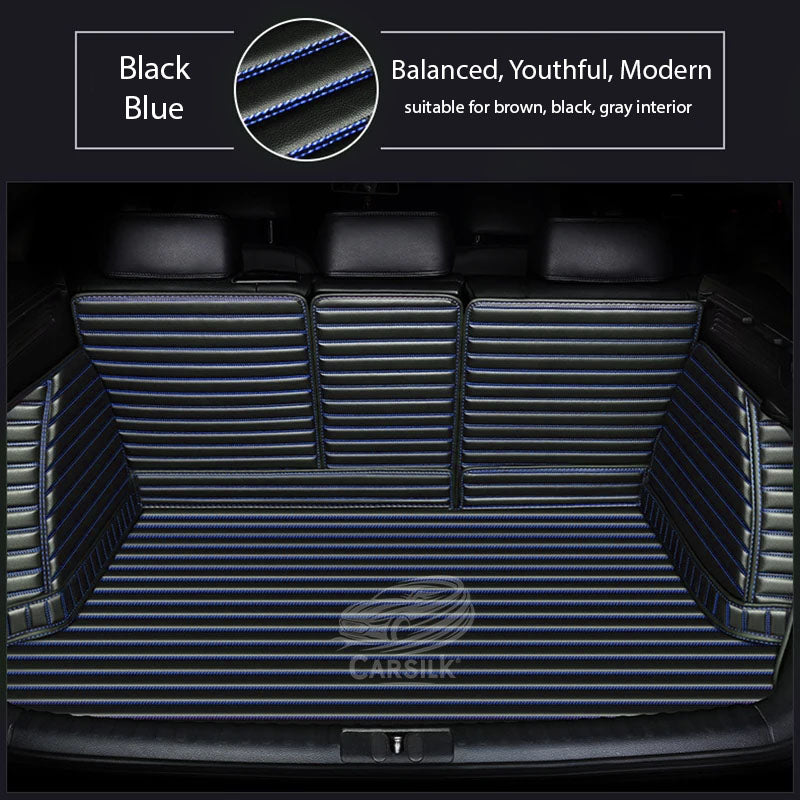 BLACK BLUE STITCHING 3D STRIPE LUXURY TRUNK CAR MATS SET - Carsilks 