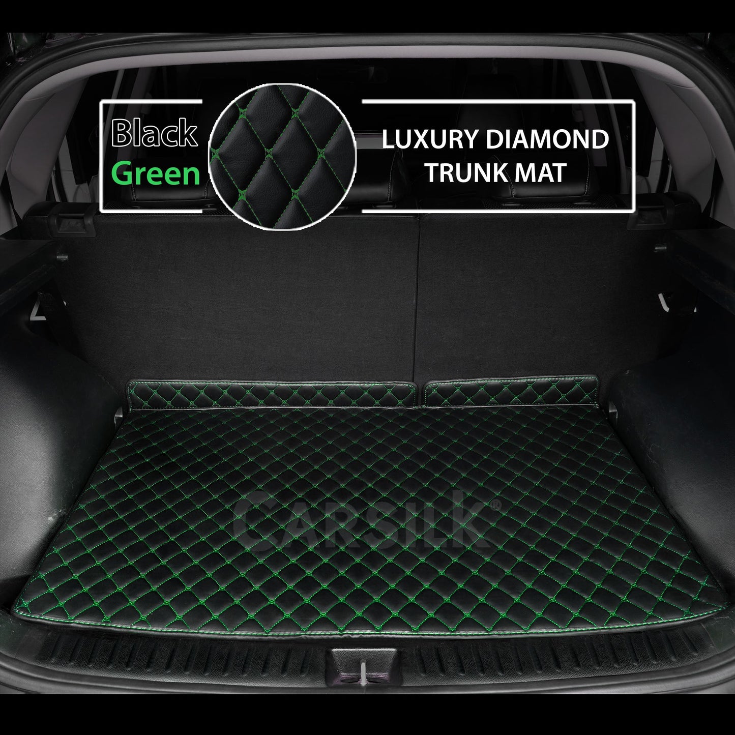 BLACK & GREEN STITCHING DIAMOND LUXURY TRUNK CAR MATS SET - Carsilks 