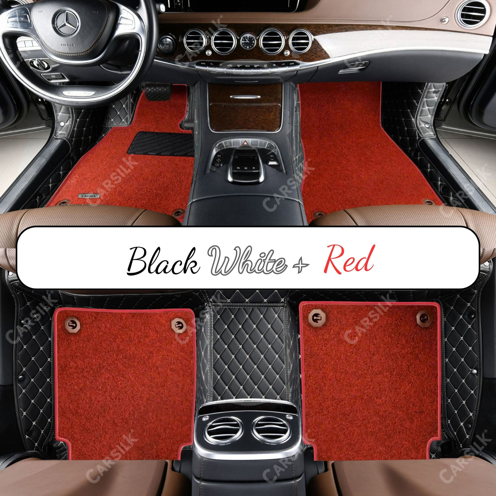 BLACK & WHITE STITCHING DIAMOND BASE WITH RED TOP CARPET DOUBLE LAYER CAR MAT SET - Carsilks 