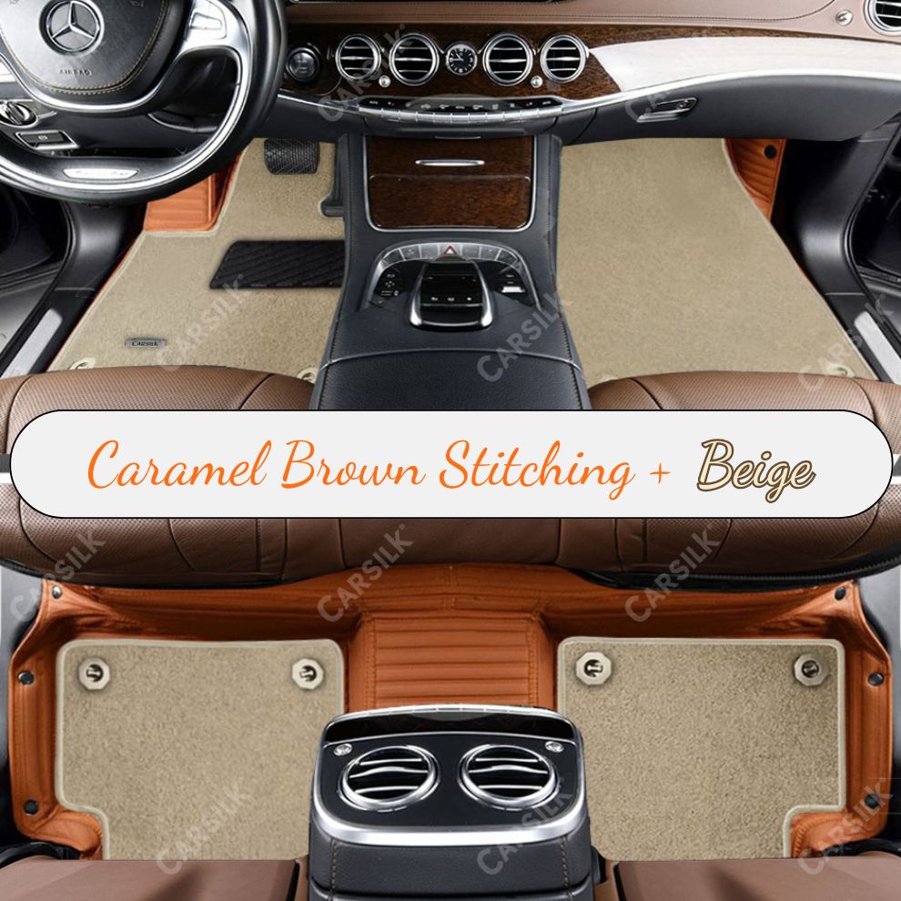 CARAMEL BROWN STRIPE BASE WITH BEIGE TOP CARPET DOUBLE LAYER CAR MAT SET - Carsilks 