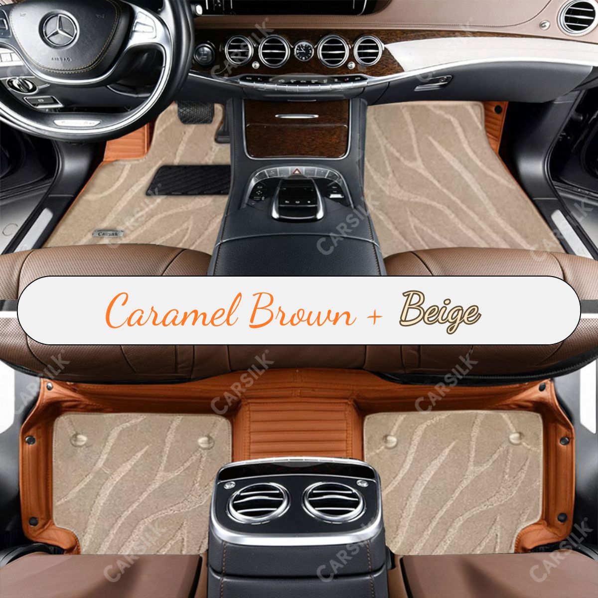 CARAMEL BROWN STRIPE BASE WITH BEIGE TOP CARPET DOUBLE LAYER GALAXY CAR MAT SET - Carsilks 