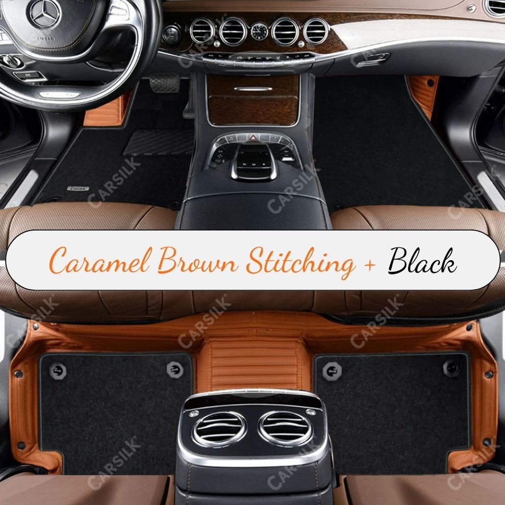 CARAMEL BROWN STRIPE BASE WITH BLACK TOP CARPET DOUBLE LAYER CAR MAT SET - Carsilks 