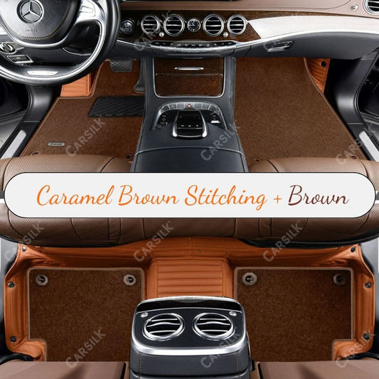 CARAMEL BROWN STRIPE BASE WITH BROWN TOP CARPET DOUBLE LAYER CAR MAT SET - Carsilks 