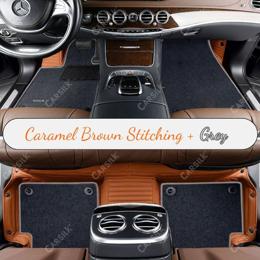 CARAMEL BROWN STRIPE BASE WITH GRAY TOP CARPET DOUBLE LAYER CAR MAT SET - Carsilks 