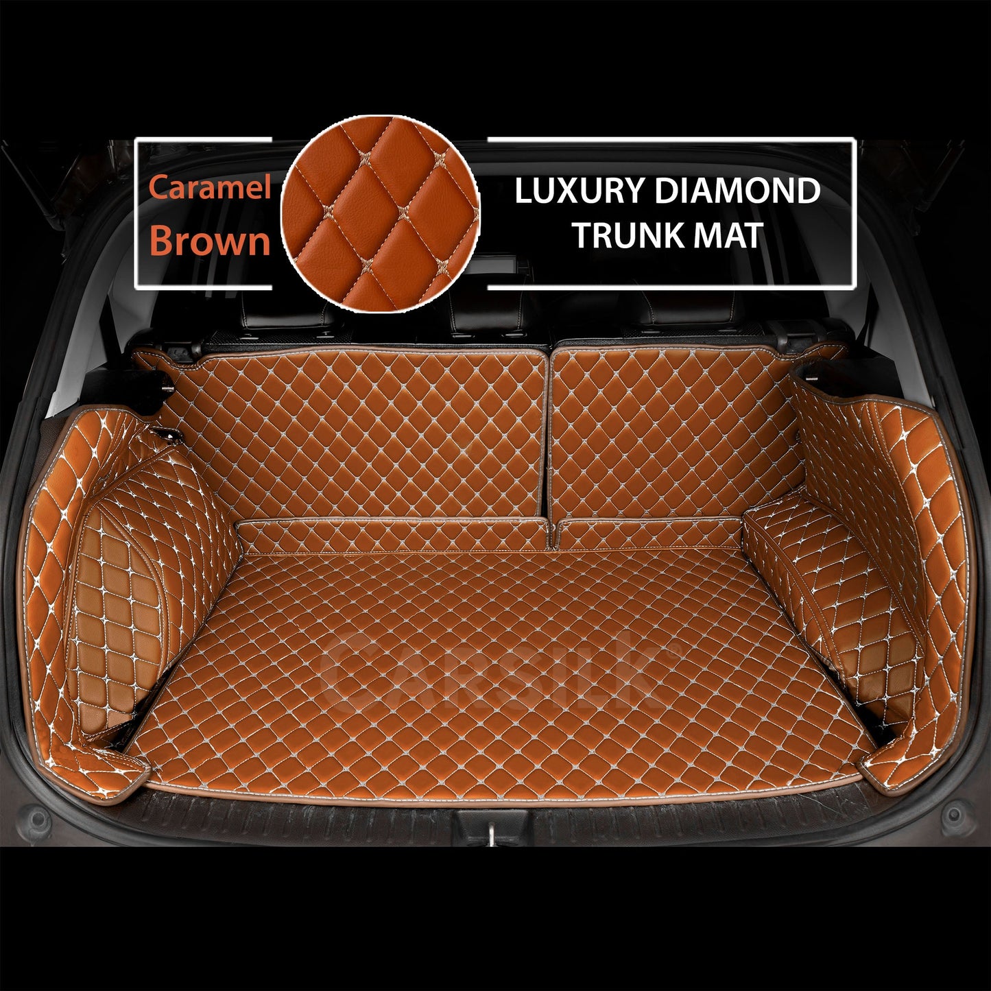 CARAMEL BROWN STITCHING 3D DIAMOND LUXURY TRUNK CAR MATS SET - Carsilks 