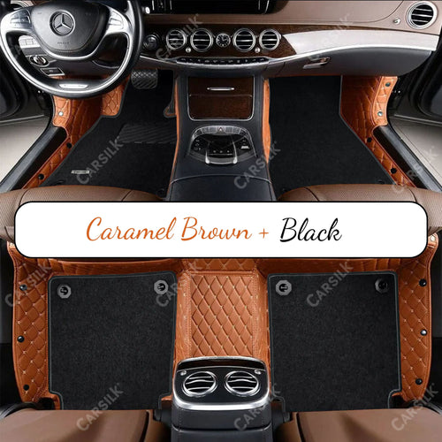 CARAMEL BROWN DIAMOND BASE WITH BLACK TOP CARPET DOUBLE LAYER CAR MAT SET - Carsilks 